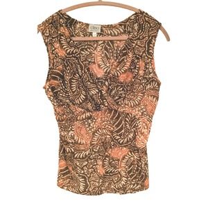 Cleo Petites Brown Pink Y2K Paisley Sleeveless V-Neck Blouse Top Gauzy Boho